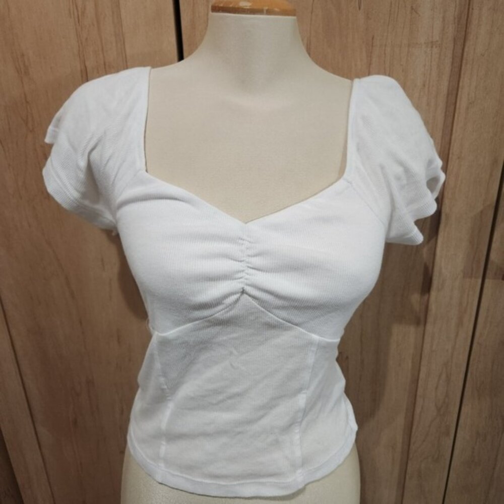 Kismet White Ribbed Ruched Sweetheart Neckline Puff Sleeve Crop Top XS TP